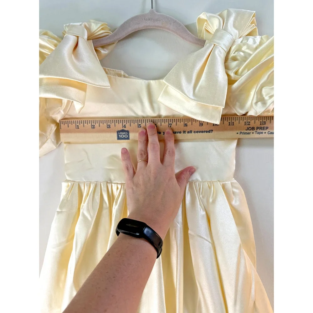 Girls Ivory Satin Flower Girl Dress Puff Sleeve Bow Formal Wedding Size 5 6 - Picture 7 of 7